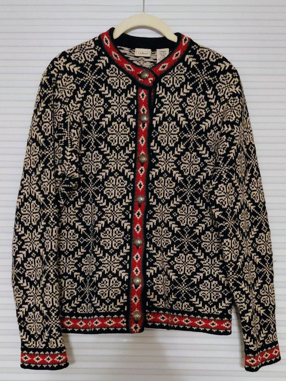 Vintage L.L.Bean 100% Merino Lambswool Fair Isle Nordic Cardigan Sweater S